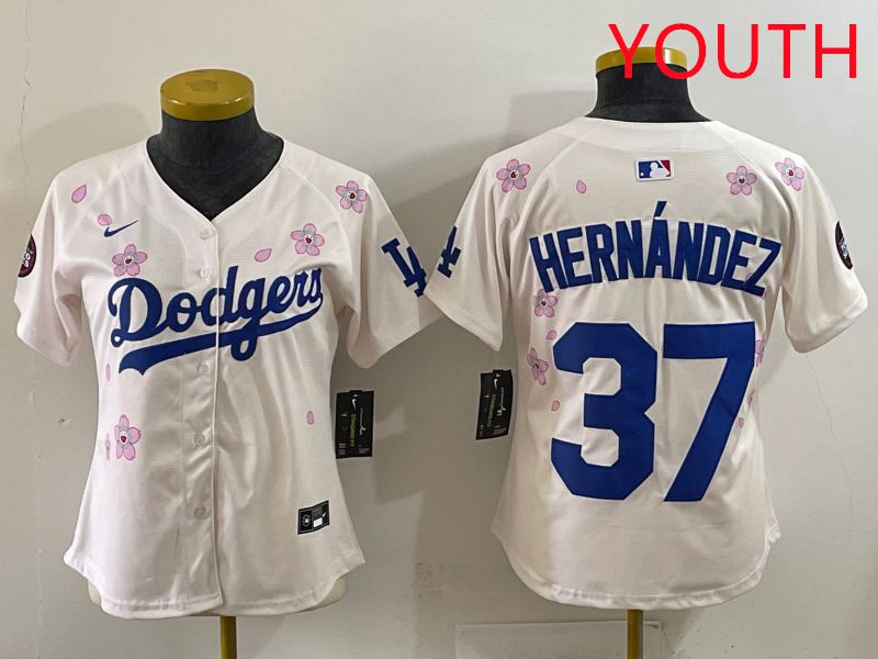 Youth Los Angeles Dodgers #37 Hernandez Cream Sakura Edition 2025 Nike MLB Jersey style 31